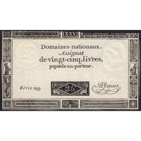 Assignat 43a - 25 livres - 6 juin 1793 - Série 293 - Etat : TB