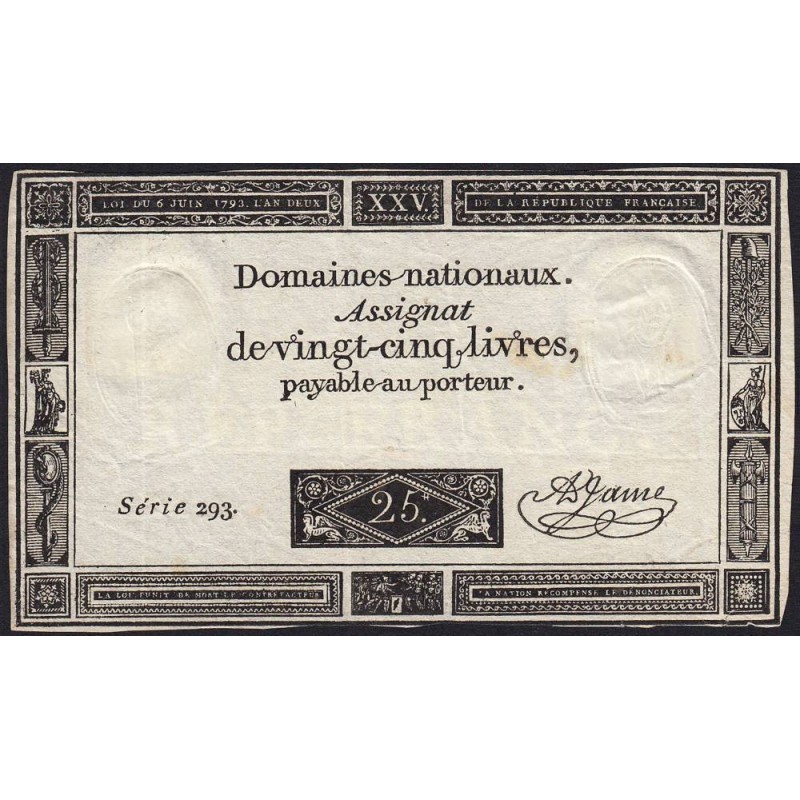 Assignat 43a - 25 livres - 6 juin 1793 - Série 293 - Etat : TTB