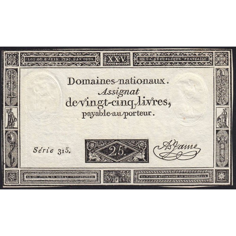 Assignat 43a - 25 livres - 6 juin 1793 - Série 315 - Etat : SUP