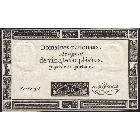 Assignat 43a - 25 livres - 6 juin 1793 - Série 315 - Etat : TTB+