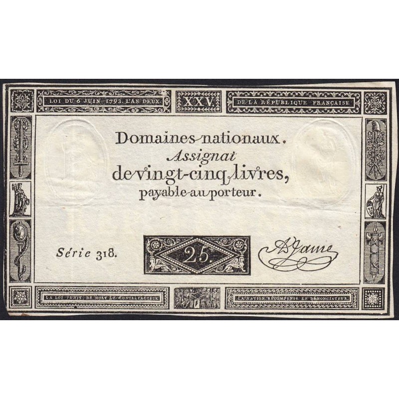 Assignat 43a - 25 livres - 6 juin 1793 - Série 318 - Etat : TTB-