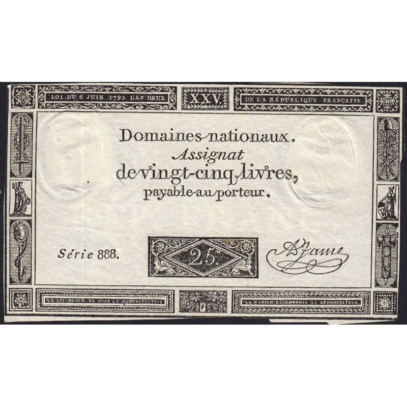 Assignat 43a - 25 livres - 6 juin 1793 - Série 888 - Etat : TTB-