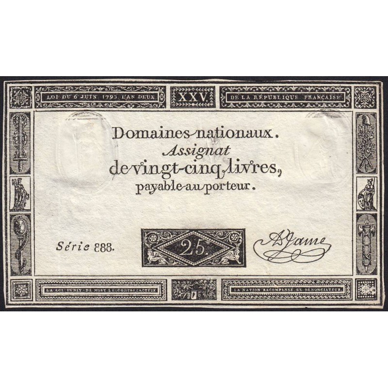 Assignat 43a - 25 livres - 6 juin 1793 - Série 888 - Etat : SUP