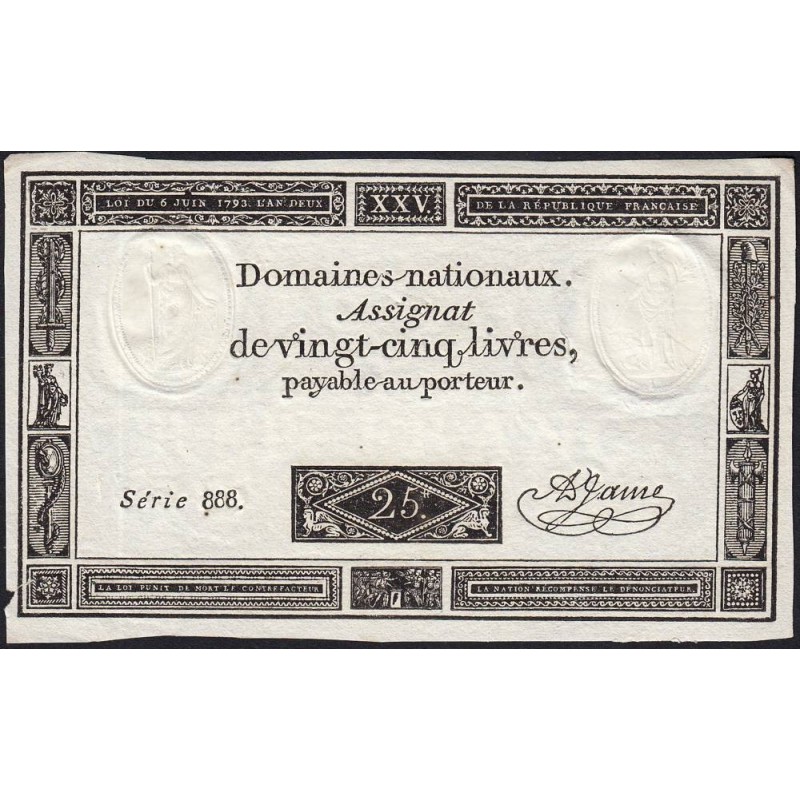 Assignat 43a - 25 livres - 6 juin 1793 - Série 888 - Etat : TTB-