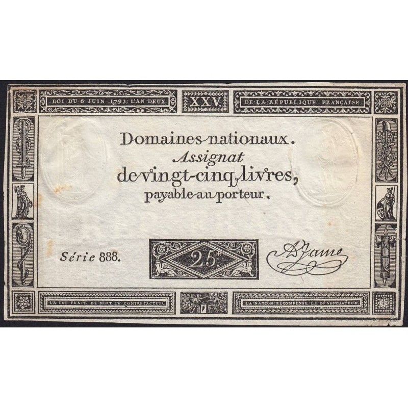 Assignat 43a - 25 livres - 6 juin 1793 - Série 888 - Etat : TB