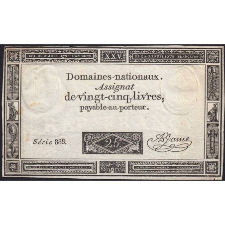 Assignat 43a - 25 livres - 6 juin 1793 - Série 888 - Etat : TB