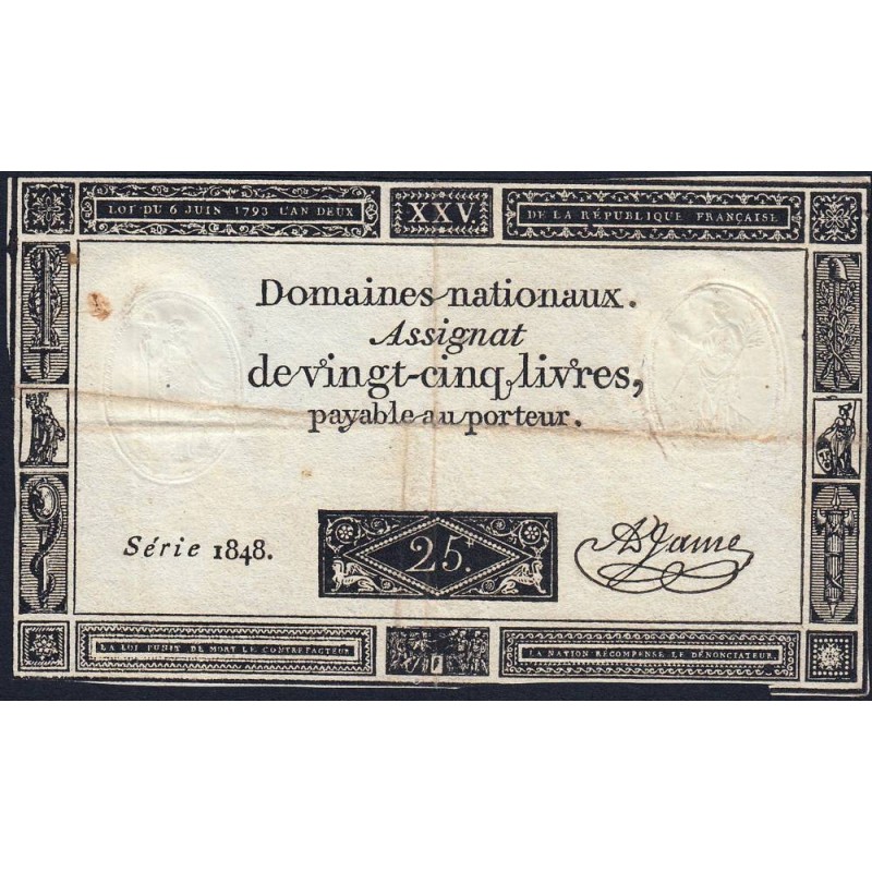 Assignat 43a - 25 livres - 6 juin 1793 - Série 1848 - Etat : TB-