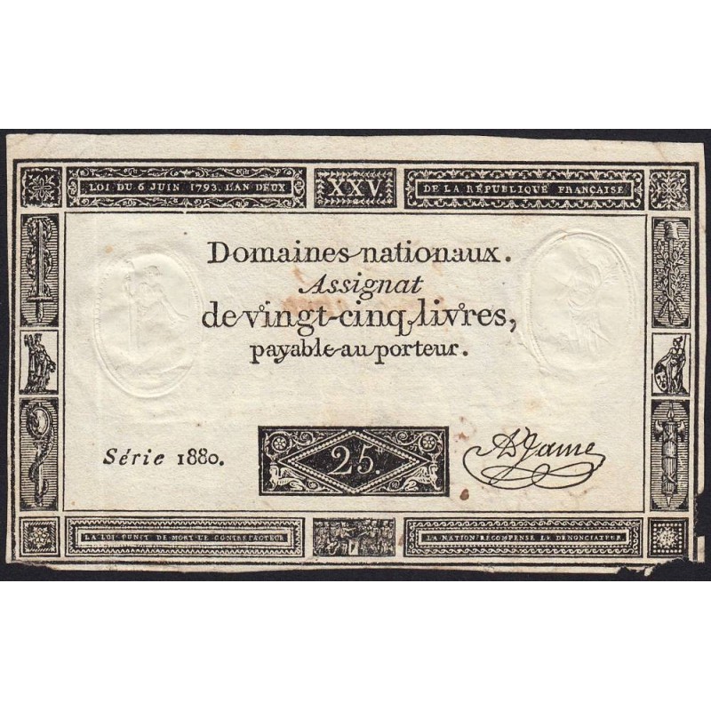 Assignat 43a - 25 livres - 6 juin 1793 - Série 1880 - Etat : TB-