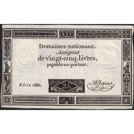 Assignat 43a - 25 livres - 6 juin 1793 - Série 1886 - Etat : TTB