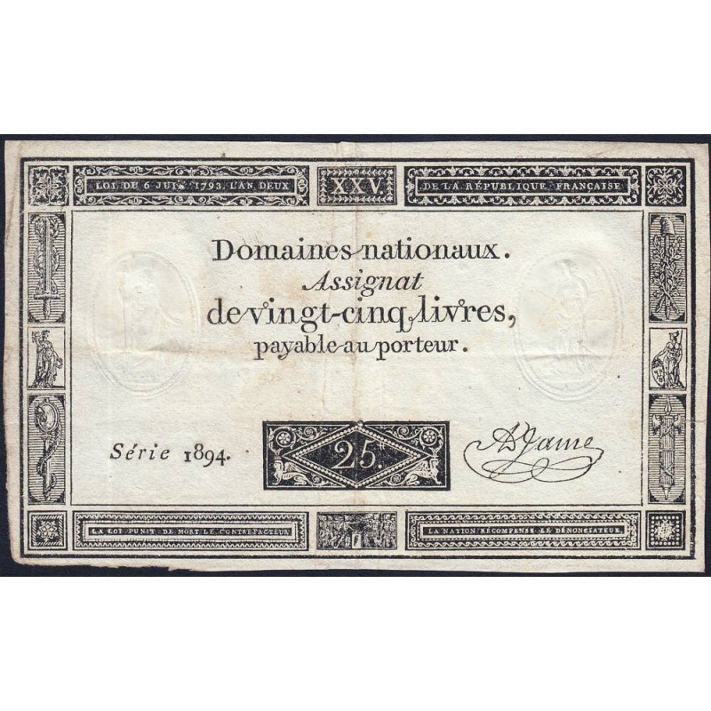 Assignat 43a - 25 livres - 6 juin 1793 - Série 1894 - Etat : TB+