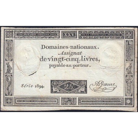 Assignat 43a - 25 livres - 6 juin 1793 - Série 1894 - Etat : B+