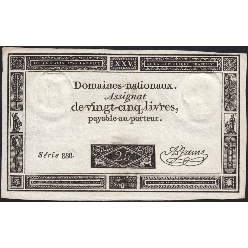 Assignat 43a - 25 livres - 6 juin 1793 - Série 888 - Etat : TTB+