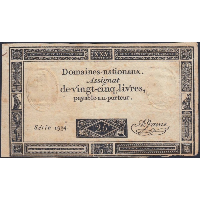 Assignat 43a - 25 livres - 6 juin 1793 - Série 1934 - Etat : TB-