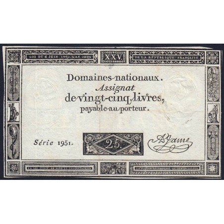 Assignat 43a - 25 livres - 6 juin 1793 - Série 1951 - Etat : TTB