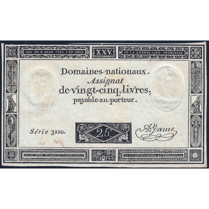 Assignat 43a - 25 livres - 6 juin 1793 - Série 3220 - Etat : TTB