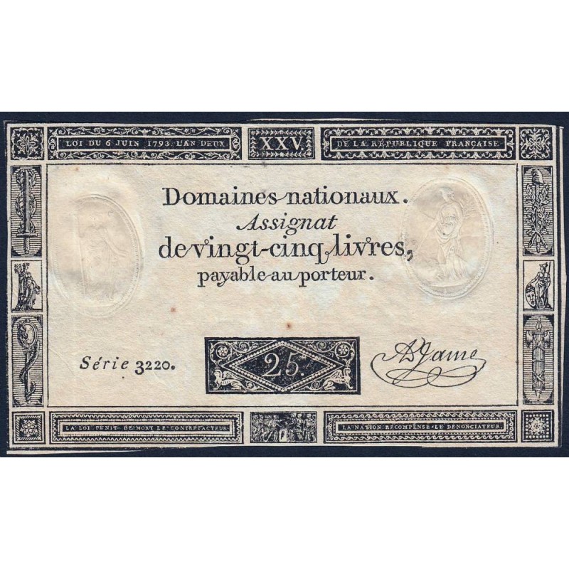 Assignat 43a - 25 livres - 6 juin 1793 - Série 3220 - Etat : TTB-