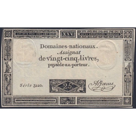 Assignat 43a - 25 livres - 6 juin 1793 - Série 3220 - Etat : TTB+