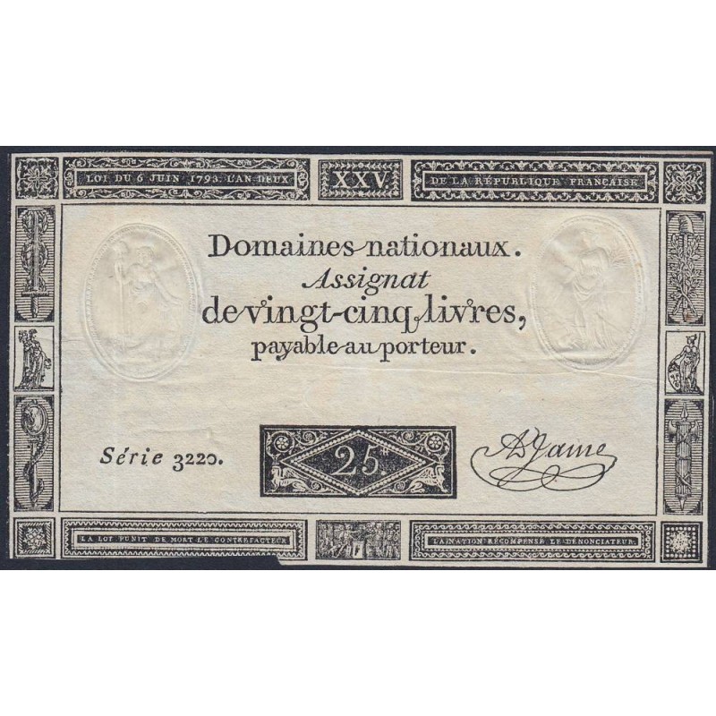 Assignat 43a - 25 livres - 6 juin 1793 - Série 3220 - Etat : TB+