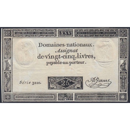 Assignat 43a - 25 livres - 6 juin 1793 - Série 3220 - Etat : TTB+