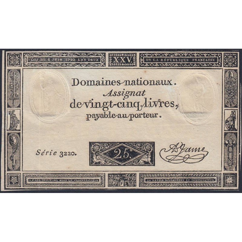 Assignat 43a - 25 livres - 6 juin 1793 - Série 3220 - Etat : TTB