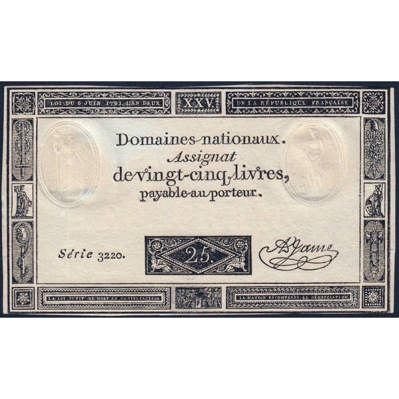 Assignat 43a - 25 livres - 6 juin 1793 - Série 3220 - Etat : pr.NEUF