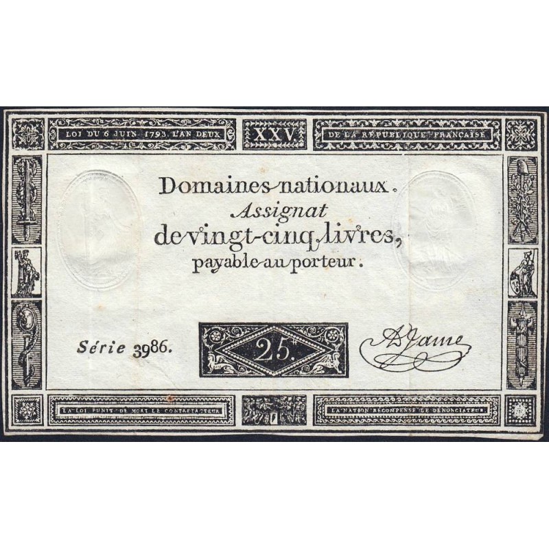 Assignat 43a - 25 livres - 6 juin 1793 - Dernière série 3986 - Etat : TTB+