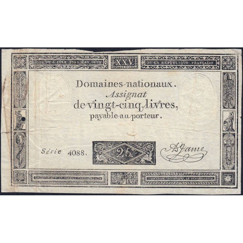 Assignat 43b - 25 livres - 6 juin 1793 - Première série 4088 - Etat : TB