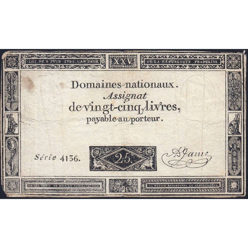 Assignat 43b - 25 livres - 6 juin 1793 - Série 4136 - Etat : TB-