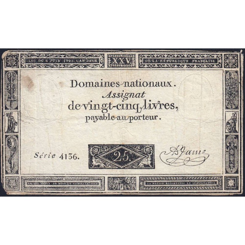 Assignat 43b - 25 livres - 6 juin 1793 - Série 4136 - Etat : TB-