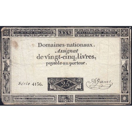 Assignat 43b - 25 livres - 6 juin 1793 - Série 4136 - Etat : TB-