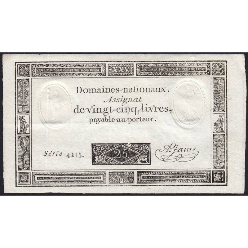 Assignat 43b-v1 (variété) - 25 livres - 6 juin 1793 - Série 4215 - Caractère à l'envers - Etat : SPL