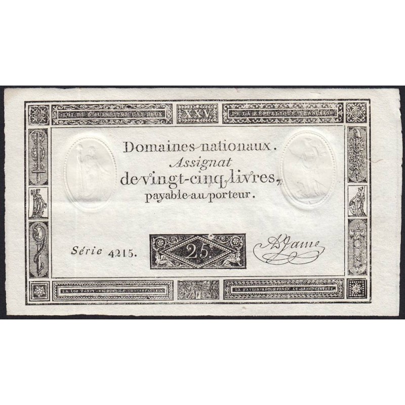 Assignat 43b_v1 - 25 livres - 6 juin 1793 - Série 4215 - Caractère à l'envers - Etat : SPL