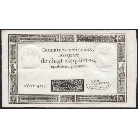 Assignat 43b_v1 - 25 livres - 6 juin 1793 - Série 4215 - Caractère à l'envers - Etat : SPL