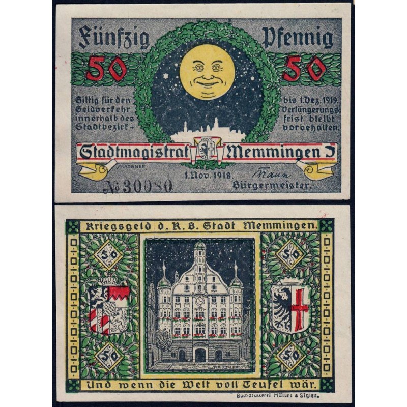 Allemagne - Notgeld - Memmingen - 50 pfennig - 01/11/1918 - Etat : NEUF