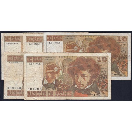 F 63 - 1975/1976 - 10 francs - Berlioz - Lot de 5 billets dates différentes - Etat : B à TB-