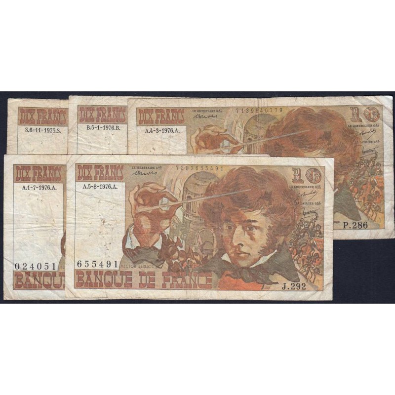 F 63 - 1975/1976 - 10 francs - Berlioz - Lot de 5 billets dates différentes - Etat : B à TB-