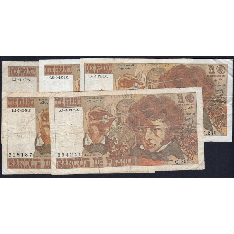 F 63 - 1975/1976 - 10 francs - Berlioz - Lot de 5 billets dates différentes - Etat : B à TB-