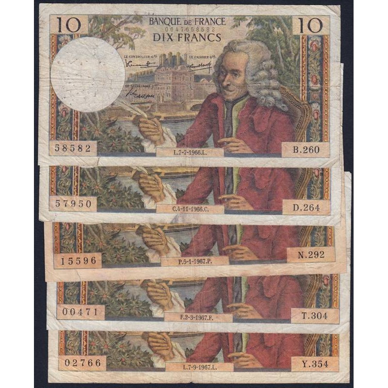 F 62 - 1966/1967 - 10 francs - Voltaire - Lot de 5 billets dates différentes - Etat : B- à TB-