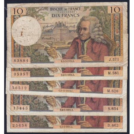 F 62 - 1970/1971 - 10 francs - Voltaire - Lot de 5 billets dates différentes - Etat : B- à TB-