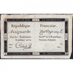Assignat 44a - 125 livres - 7 vendémiaire an 2 - Signature 11 - Série 940 - Etat : TTB+