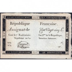 Assignat 44a - 125 livres - 7 vendémiaire an 2 - Signature 25 - Série 973 - Etat : SUP