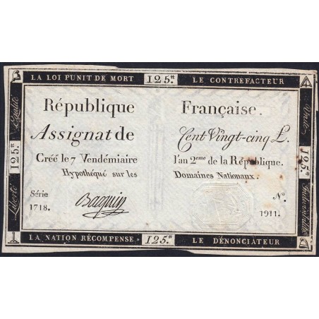 Assignat 44a - 125 livres - Signature 2 - 7 vendémiaire an 2 - Série 1718 - Etat : TTB