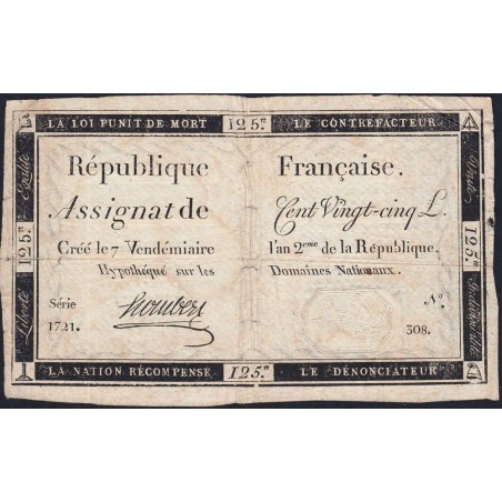 Assignat 44a - 125 livres - Signature 29 - 7 vendémiaire an 2 - Série 1721 - Etat : TB