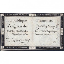 Assignat 44a - 125 livres - 7 vendémiaire an 2 - Signature 19 - Série 1727 - Etat : TTB