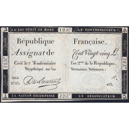 Assignat 44a - 125 livres - Signature 19 - 7 vendémiaire an 2 - Série 1727 - Etat : TTB