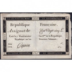Assignat 44a - 125 livres - 7 vendémiaire an 2 - Signature 9 - Série 2213 - Etat : SUP+