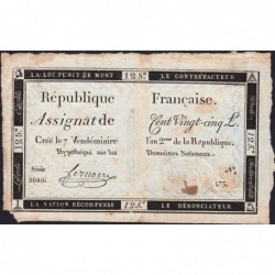 Assignat 44a - 125 livres - 7 vendémiaire an 2 - Signature 22 - Série 2680 - Etat : TB