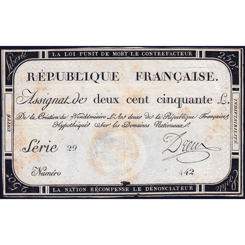 Assignat 45a - 250 livres - 7 vendémiaire an 2 - Signature 7 - Série 29 - Etat : TTB-