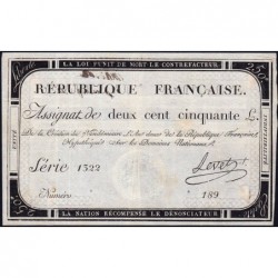 Assignat 45a - 250 livres - Signature 15 - 7 vendémiaire an 2 - Série 1322 - Etat : TTB