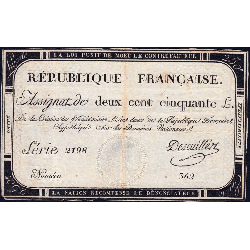 Assignat 45a - 250 livres - Signature 5 - 7 vendémiaire an 2 - Série 2198 - Etat : TTB-